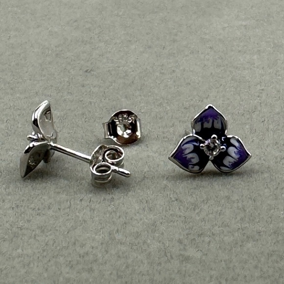2/$30 Genuine 925 Sterling Silver & CZ Enameled Pansy Flower Earrings - Picture 5 of 6